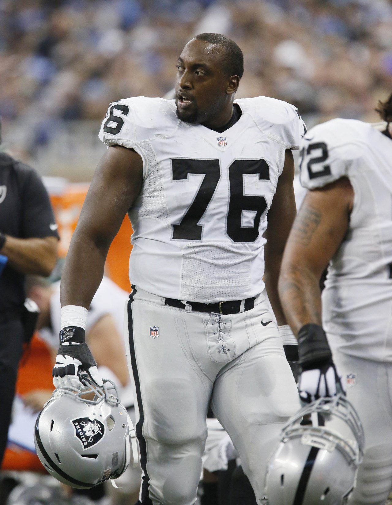 Oakland Raiders offensive guard J’Marcus Webb (76) walks back to the bench during the first half of an NFL football game against the Detroit Lions, Sunday, Nov. 22, 2015, in Detroit. (AP Photo/Duane Burleson)