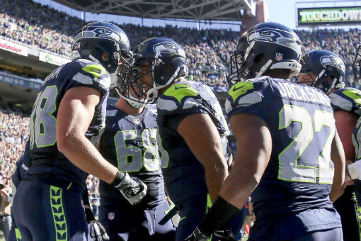 The Seahawks’ celebrate the Jimmy Graham’s touchdown against the Bears at CenturyLink Field in Seattle on Sept. 27, 2015.