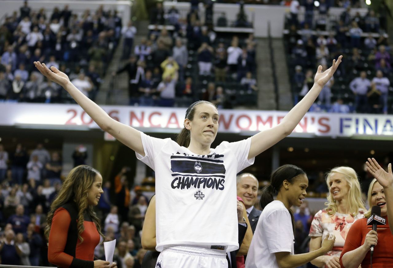 In this April 5, 2016 file photo, Connecticut’s Breanna Stewart celebrates after the Huskies’ 82-51 victory over Syracuse in the NCAA women’s championship game on April 5 in Indianapolis.