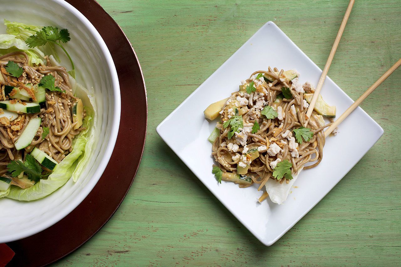Asian peanut noodle salad comes together in just 20 minutes with a few ingredients.(Deb Lindsey / The Washington Post)