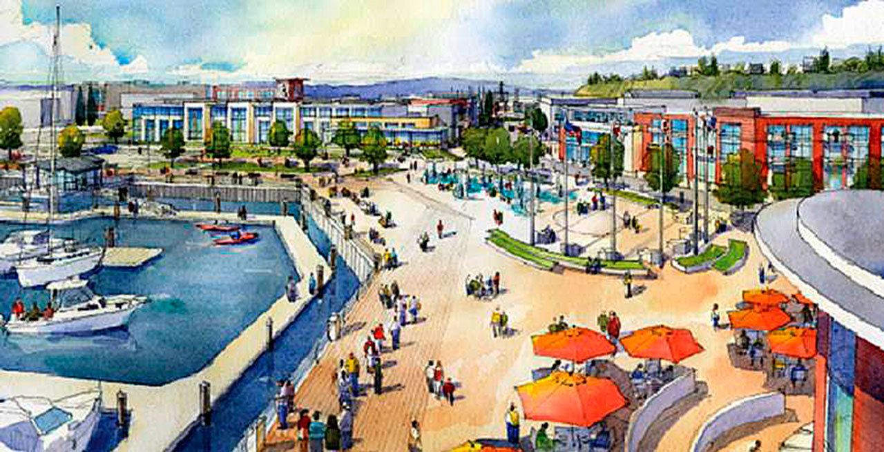 The Port of Everett awarded a $7.6 million contract to a firm to build the roads and public features for Fisherman’s Harbor, the first phase of the Waterfront Place Central project in Everett. (Contributed rendering)