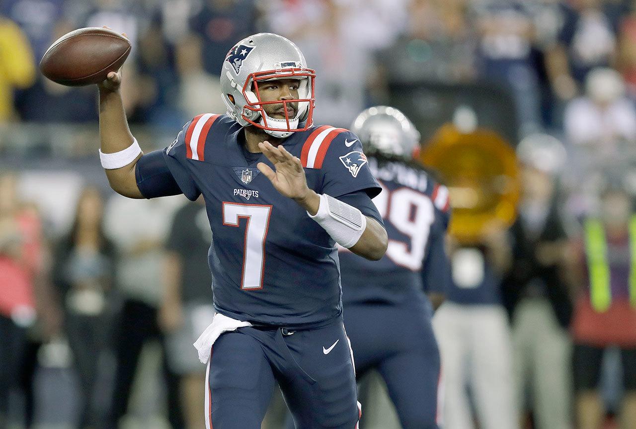 Charles Krupa / Associated Press                                New England quarterback Jacoby Brissett (7) passes against the Houston Texans during the first half of the Patriots 27-0 win on Thursday night in Foxborough, Mass.