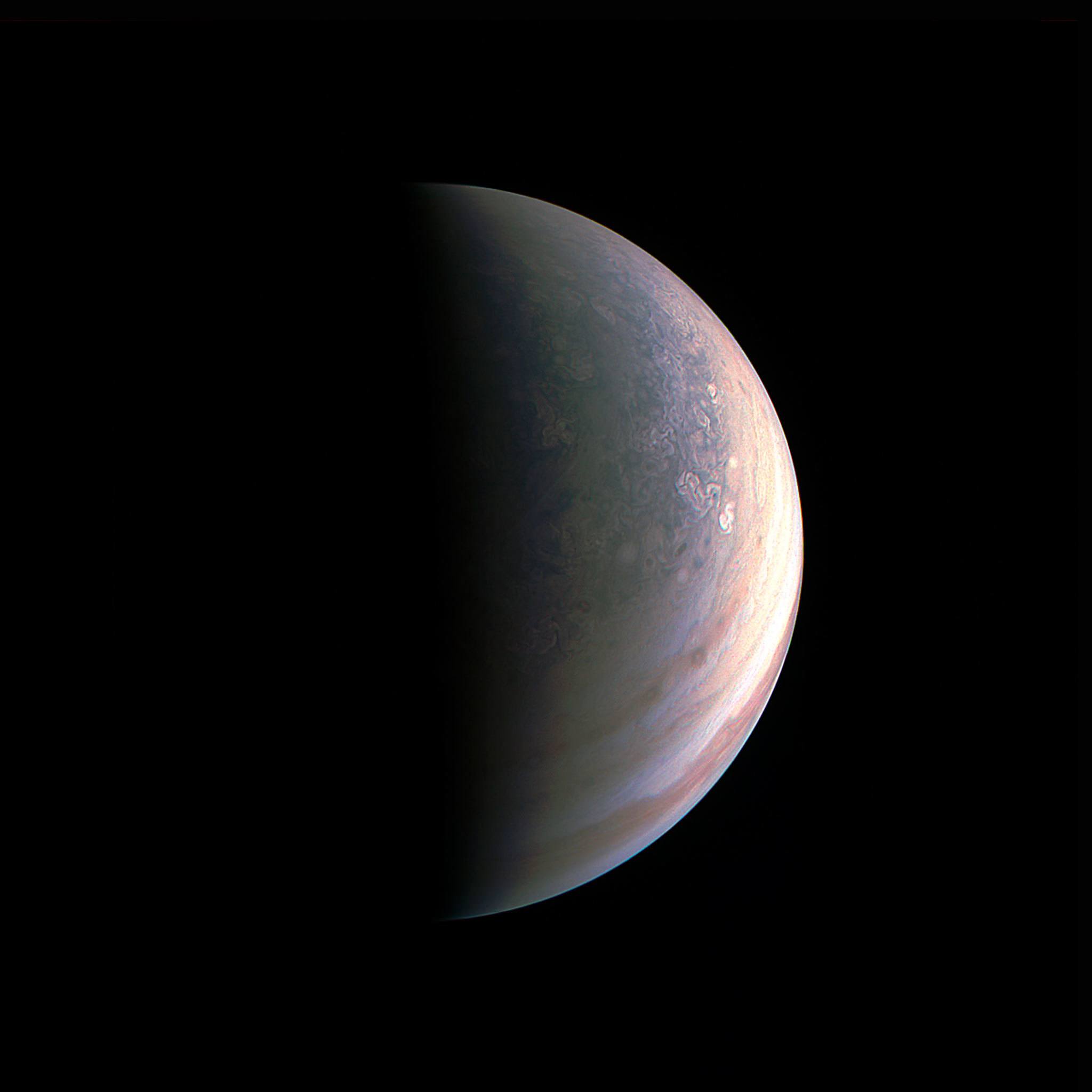 NASA                                This Aug. 27 image shows Jupiter’s north polar region. It was taken by the Juno spacecraft 120,000 miles away from the planet. The poles are mottled with rotating storms of various sizes, similar to giant versions of hurricanes on Earth.