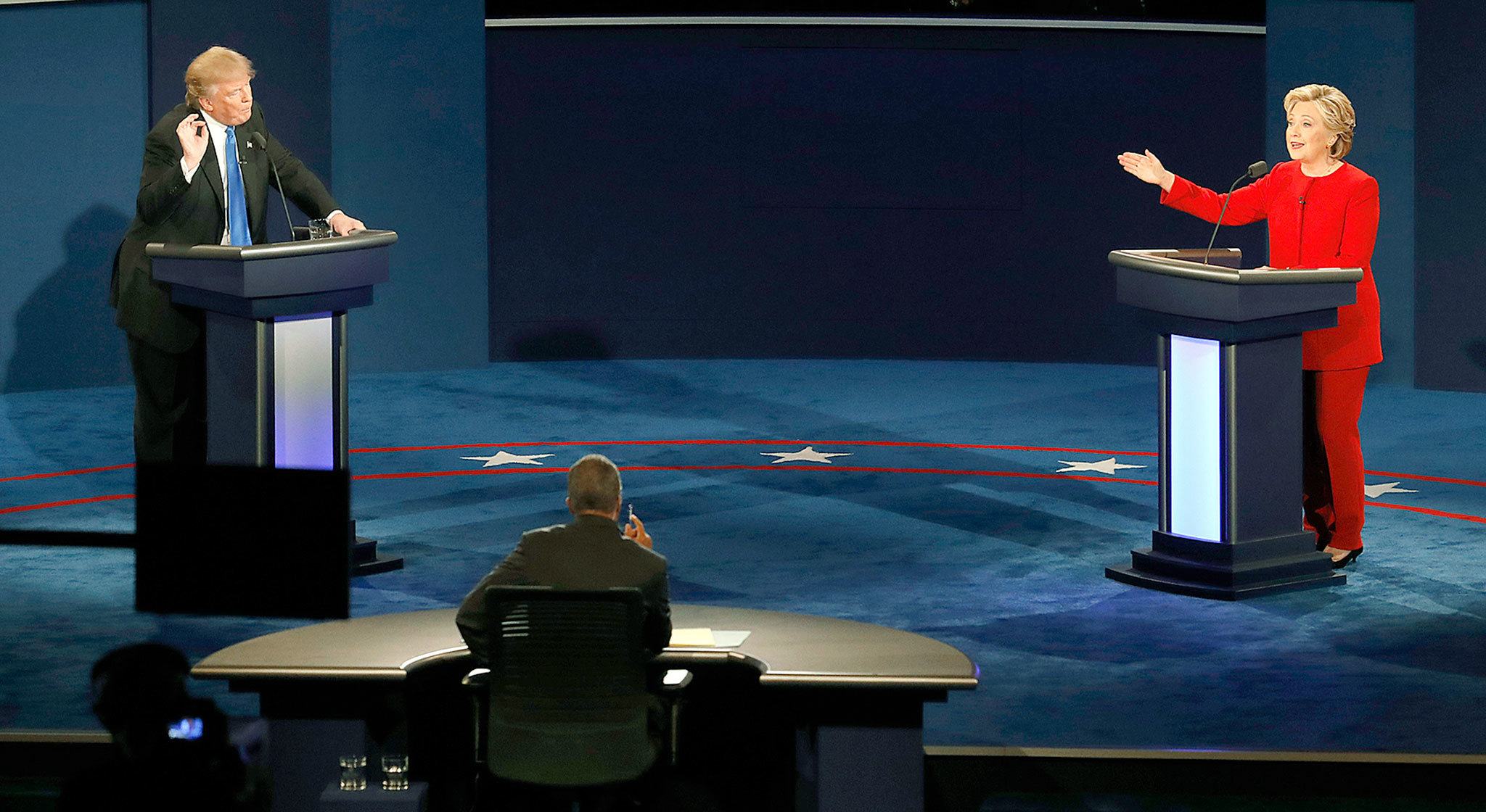 Republican presidential nominee Donald Trump and Democratic presidential nominee Hillary Clinton during the presidential debate at Hofstra University in Hempstead, New York, on Monday. (AP Photo/Mary Altaffer)