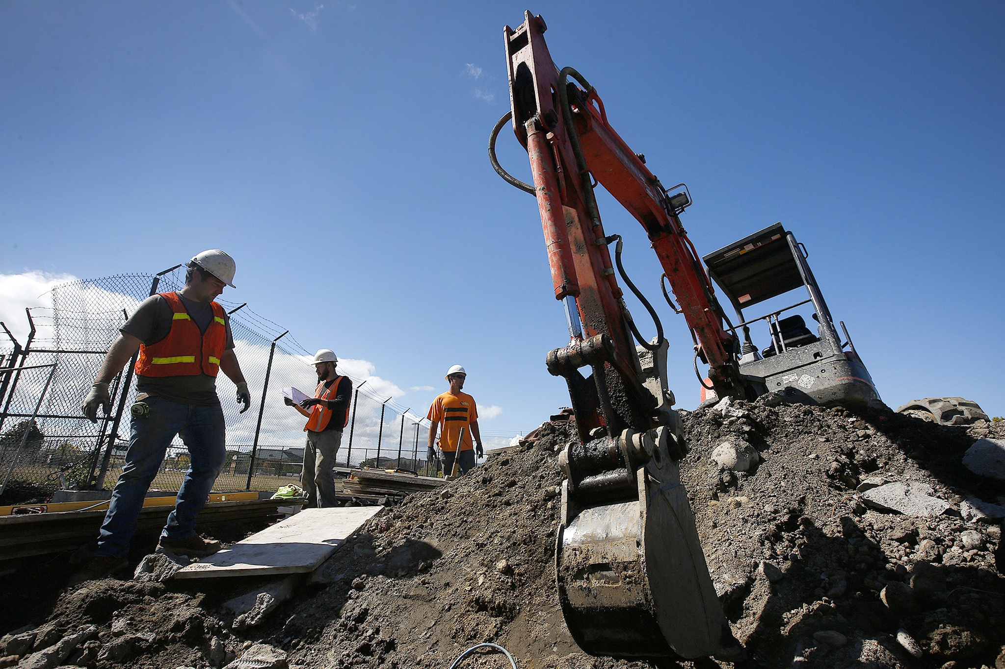 Workers walk around the site of the PUD’s Norton Substation construction site on West Marine View Drive in Everett on Thursday. The substation remodel is expected to finish up by the end of the year. (Ian Terry / The Herald)