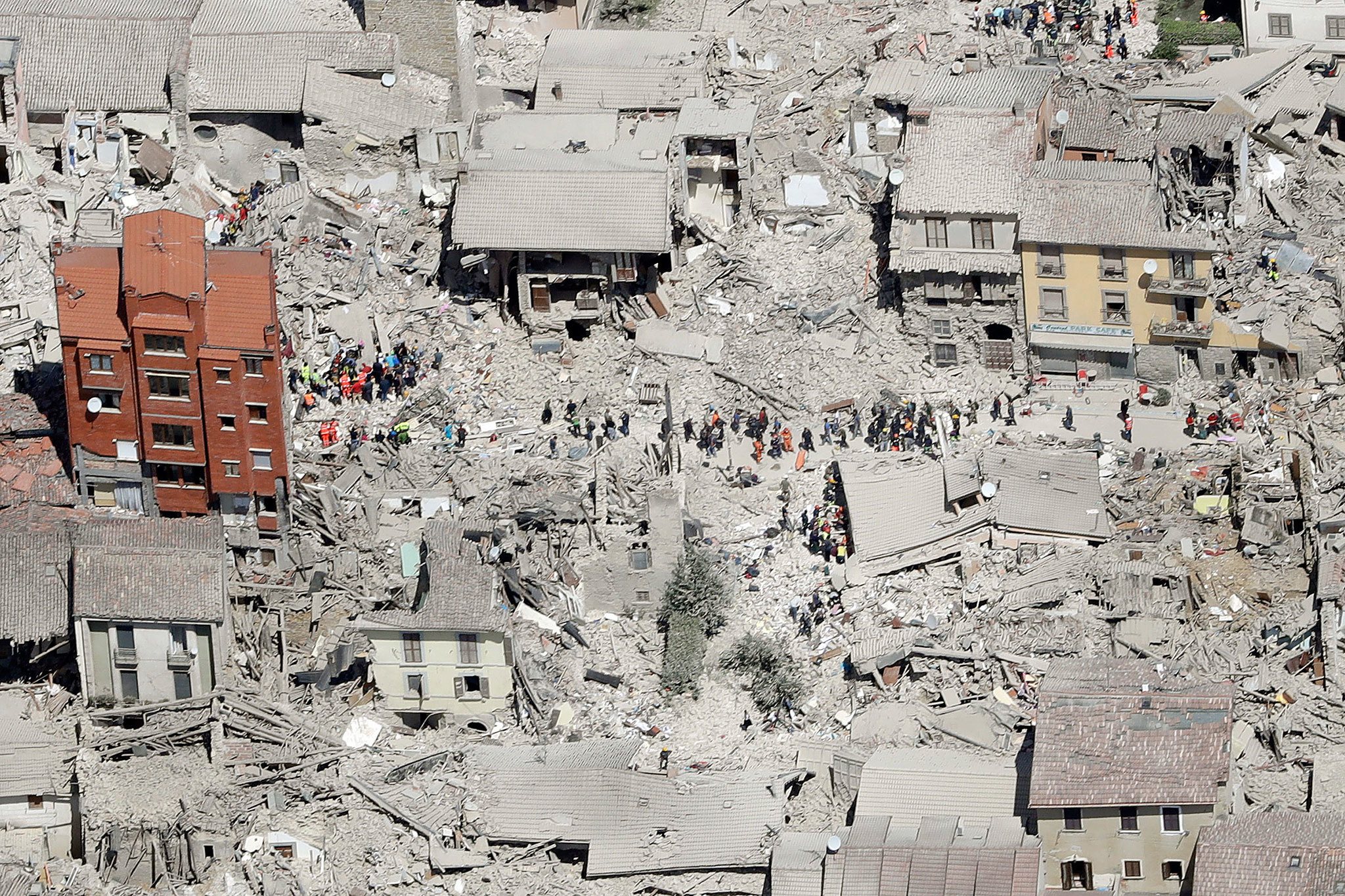 This Aug. 24 aerial photo shows damaged buildings in the town of Amatrice, Italy, after an earthquake. (AP Photo/Gregorio Borgia)