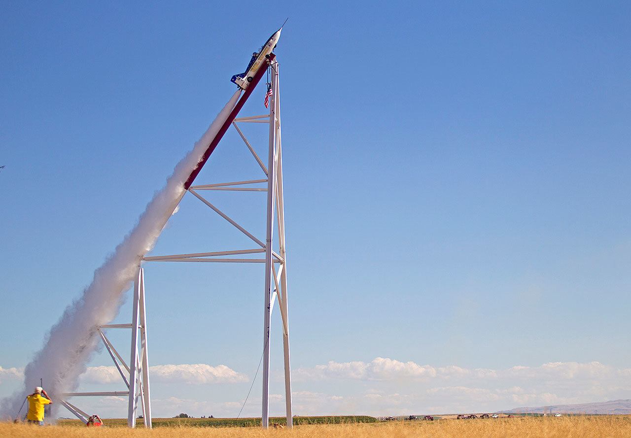 The “Evel Spirit” rocket, with professional stuntman Eddie Braun, takes off from the ramp Friday near the Snake River Canyon in Twin Falls, Idaho. (Pat Sutphin/The Times-News via AP)