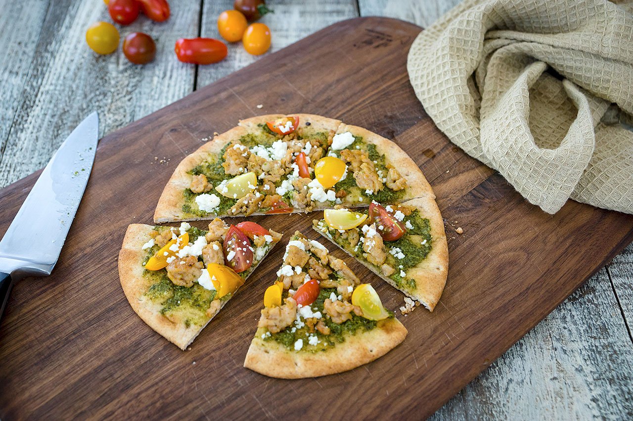 This pesto pita pizza uses lighter ingredients to nourish and energize your body rather than drag it down. (Photo by Rose McAvoy)