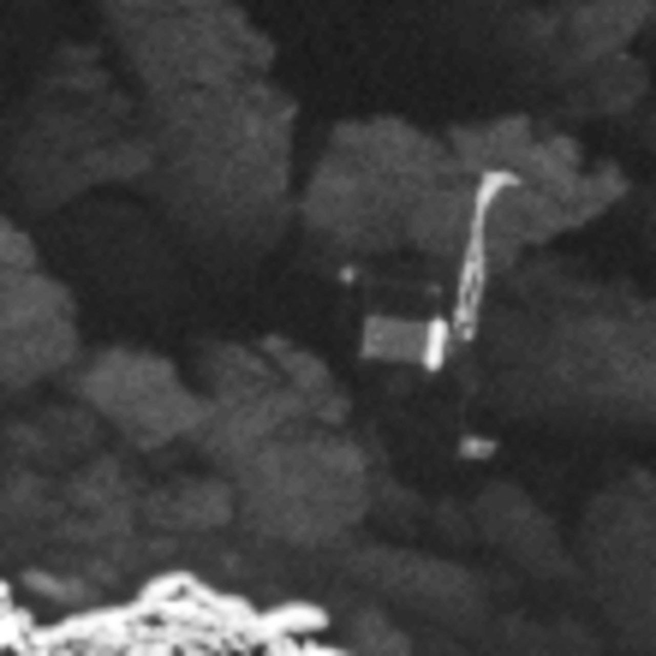 The photo released by European Space Agency ESA shows a photo of the comet lander Philae on photo taken by Rosetta’s OSIRIS narrow-angle camera Friday, from a distance of 2.7 km of the Comet 67P/Churyumov–Gerasimenko. Philae was last seen when it first touched down at Agilkia, bounced and then flew for another two hours before ending up at a location later named Abydos, on the comet’s smaller lobe. (ESA/Rosetta/MPS for OSIRIS via AP)