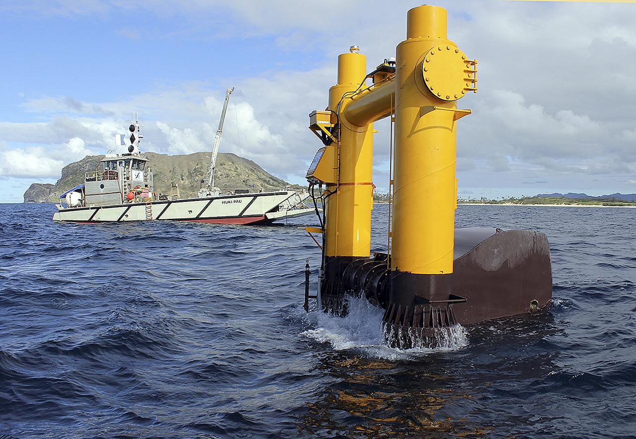 This 2015 photo shows the Azura wave energy device, which is converting the movement of waves into electricity at the Navy’s Wave Energy Test Site at the Marine Corps base at Kaneohe Bay on Oahu in Hawaii. (Steven Kopf/Northwest Energy Innovations via AP)