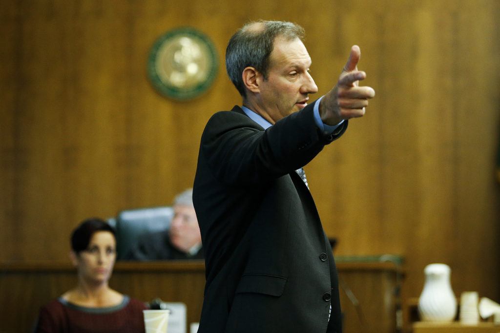 Snohomish County deputy prosecutor Jarett Goodkin describes how Courtney allegedly shot Anthony Boro. Opening statements in the case were made Tuesday. (Ian Terry / The Herald)
