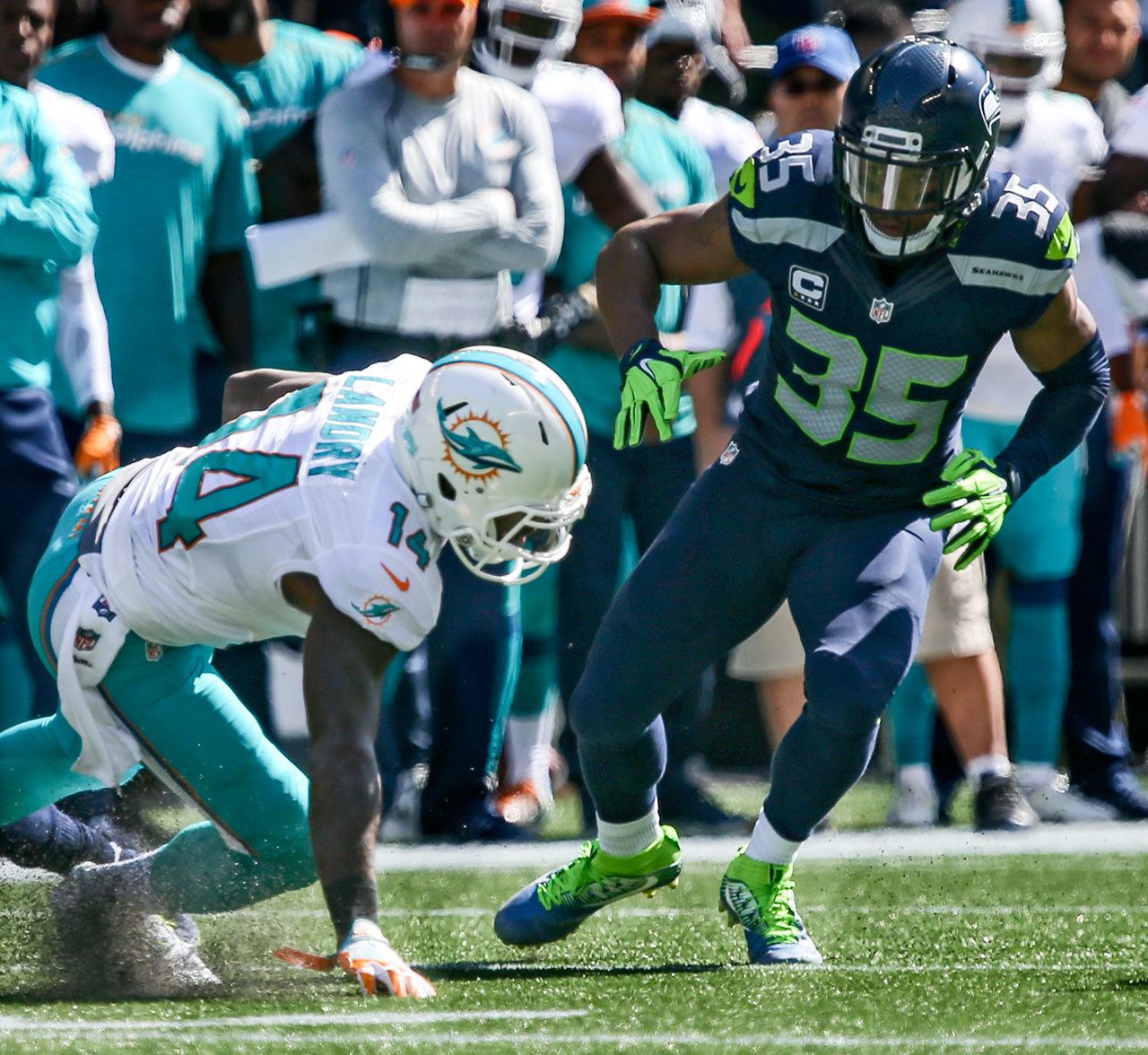 Seahawks defensive back DeShawn Shead tracks Dolphins wide receiver Jarvis Landry during a game Sunday at CenturyLink Field in Seattle. (Kevin Clark / The Herald)