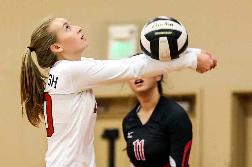 Snohomish’s Natalie Stern keeps a ball in play during the Panthers’ straight-set win over Marysville Getchell on Thursday in Snohomish. (Kevin Clark/The Herald)
