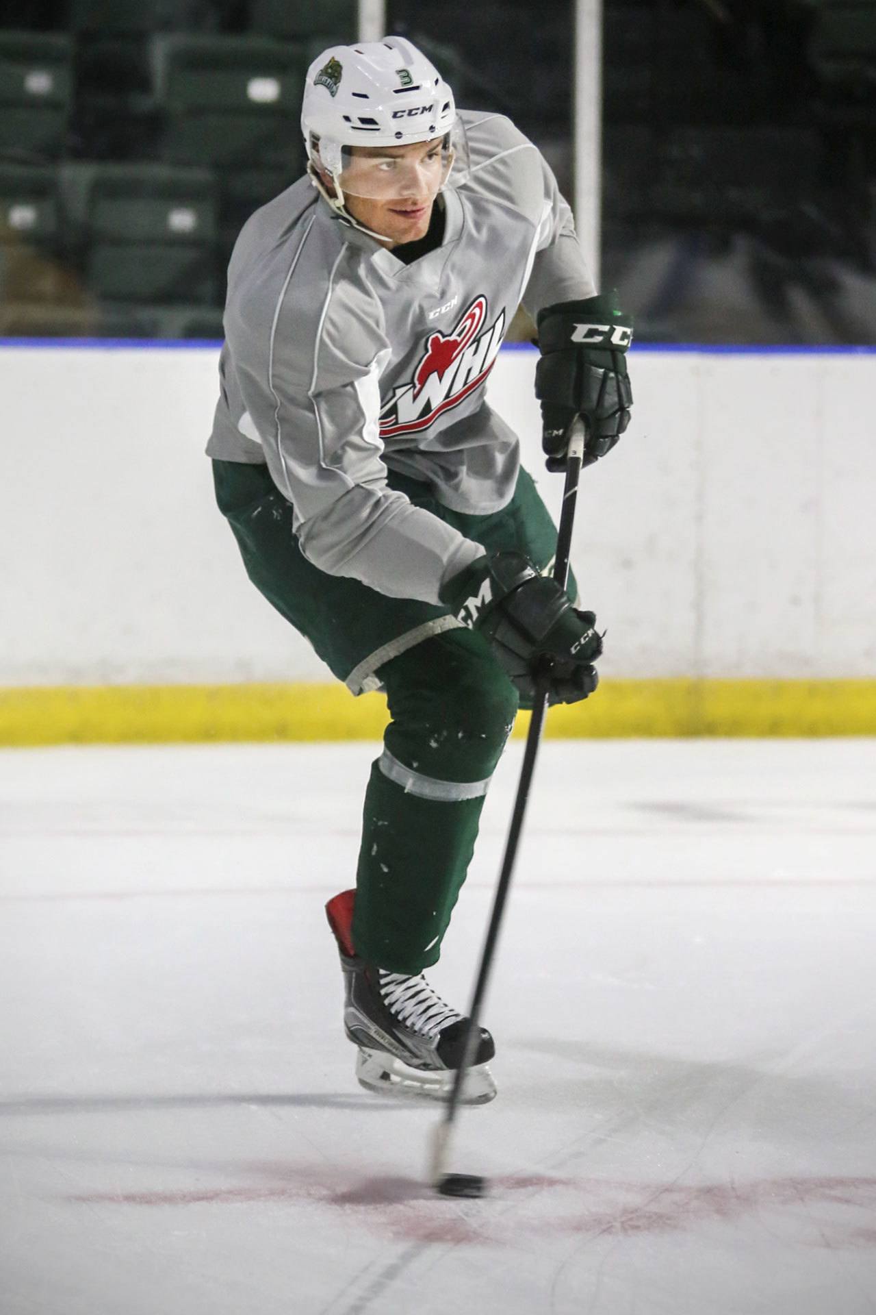 Everett Silvertips defenseman Noah Juulsen, 19, now in the fourth year during practice at Xfintiy Arena in Everett on September 12, 2016. (Kevin Clark / The Herald)