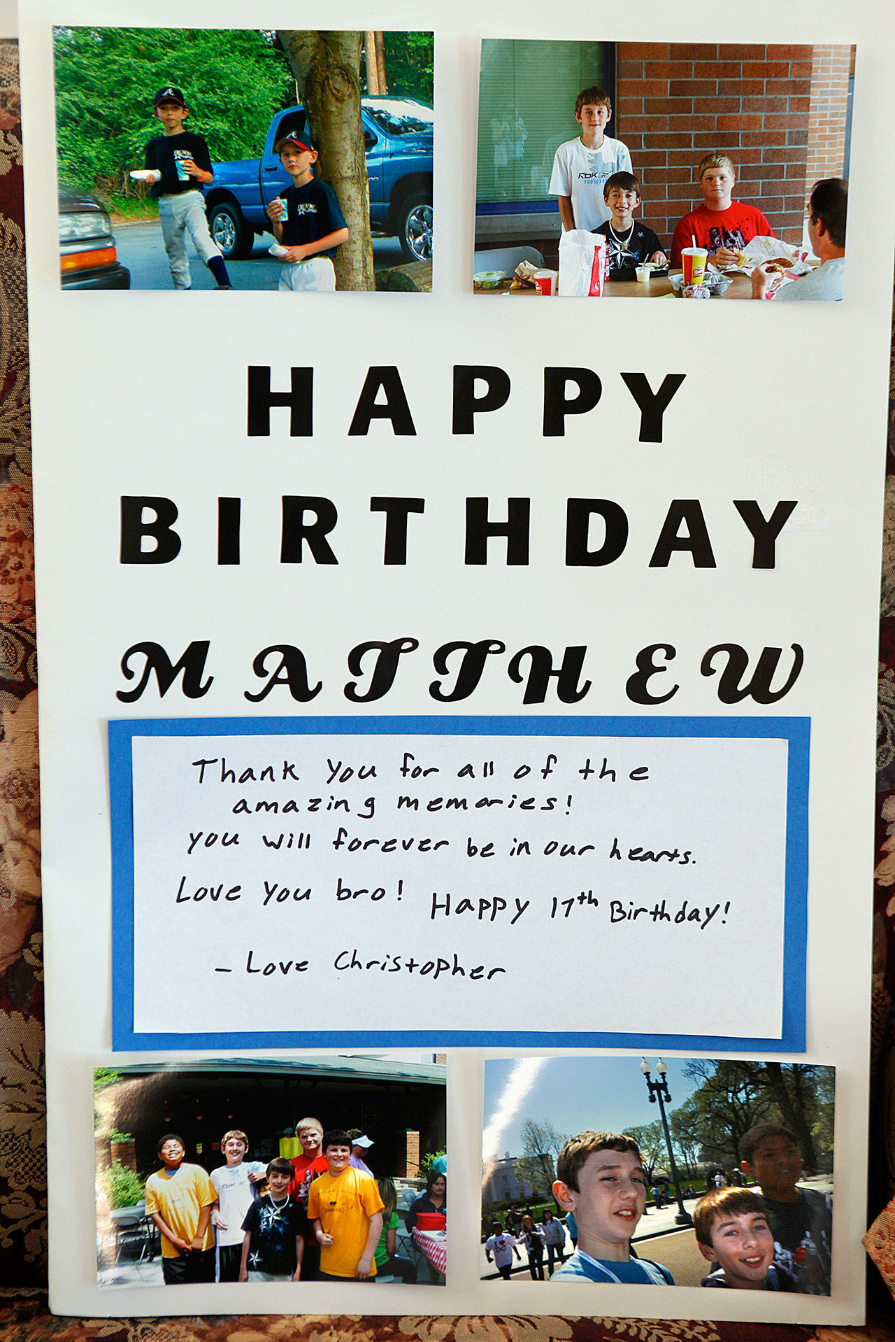 A birthday card made by friends of Matthew Truax, who died of hypertrophic cardiomyopathy in 2013, was displayed in the Truax’s home shortly after his death. Matthew would have turned 20 this Sunday, September 18. (Genna Martin / Herald File)
