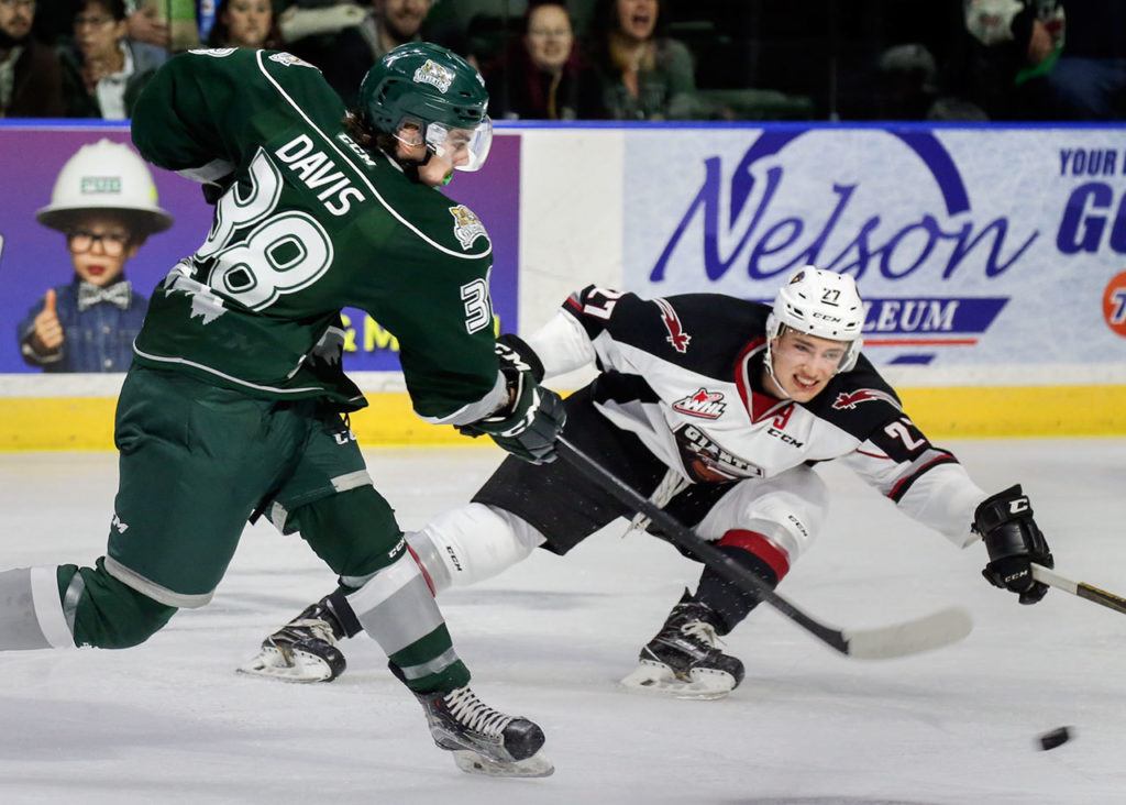 Everett’s Kevin Davis attempts a shot with the Giants’ Brendan Semchuk defending during a game Saturday at Xfinity Arena in Everett. (Kevin Clark / The Herald)
