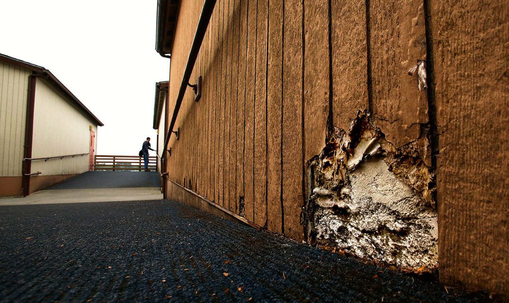 Exterior siding appears to be failing on some portable classrooms at the Stanwood High School campus. (Dan Bates / The Herald)
