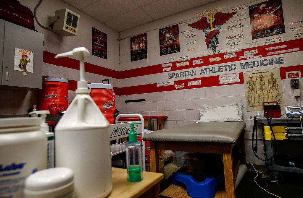 The sports medicine facility, which plays a critical role in Stanwood athletics, is about 15 x 15 feet in size. (Dan Bates / The Herald)
