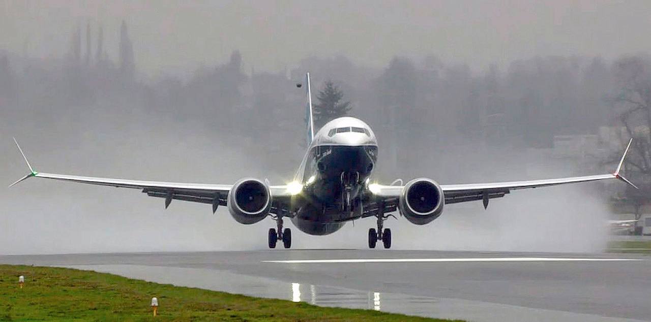 The first Boeing 737 MAX takes off from Renton Municipal Airport on Jan. 29. (The Boeing Co.)