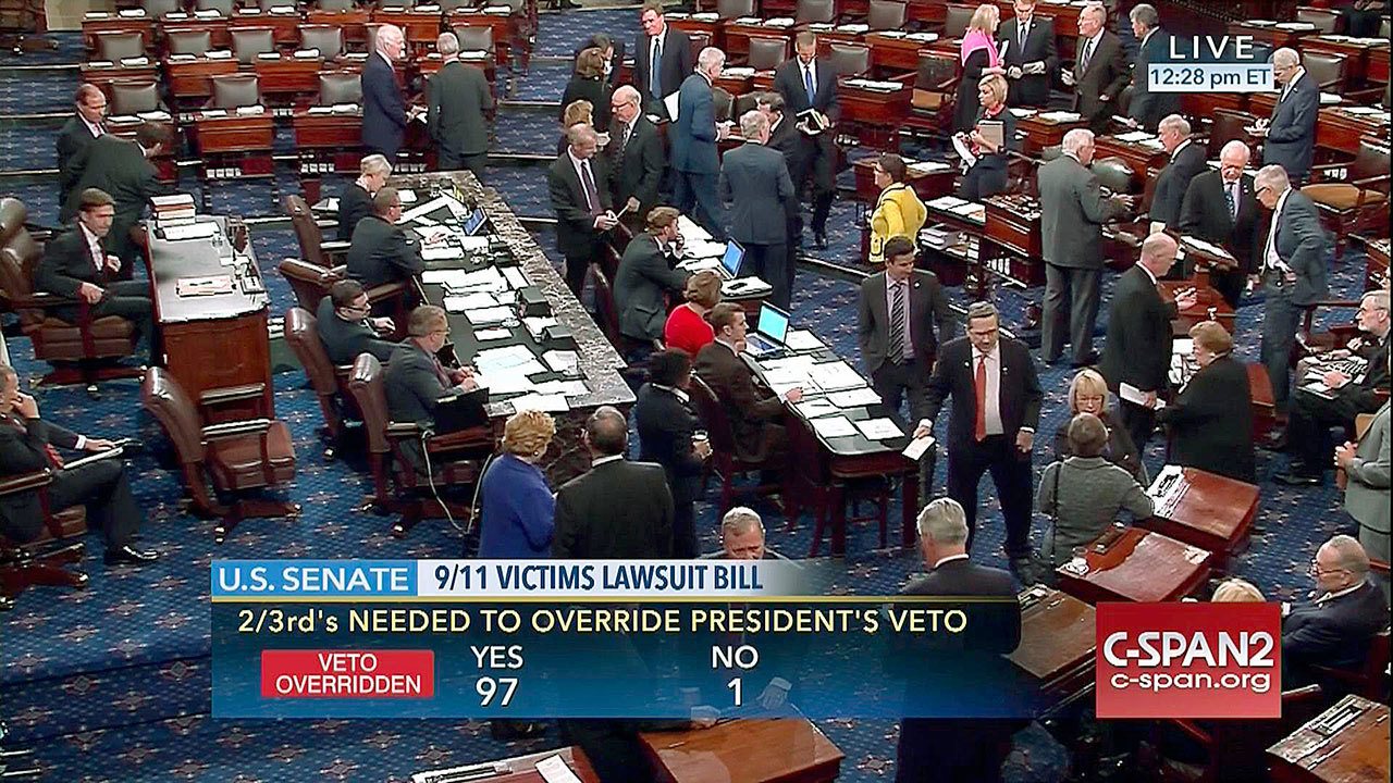 This frame grab from video shows the floor of the Senate on Capitol Hill in Washington, on Wednesday, as the Senate acted decisively to override President Barack Obama’s veto of Sept. 11 legislation, setting the stage for the contentious bill to become law despite flaws that Obama and top Pentagon officials warn could put U.S. troops and interests at risk. (C-SPAN2 via AP)