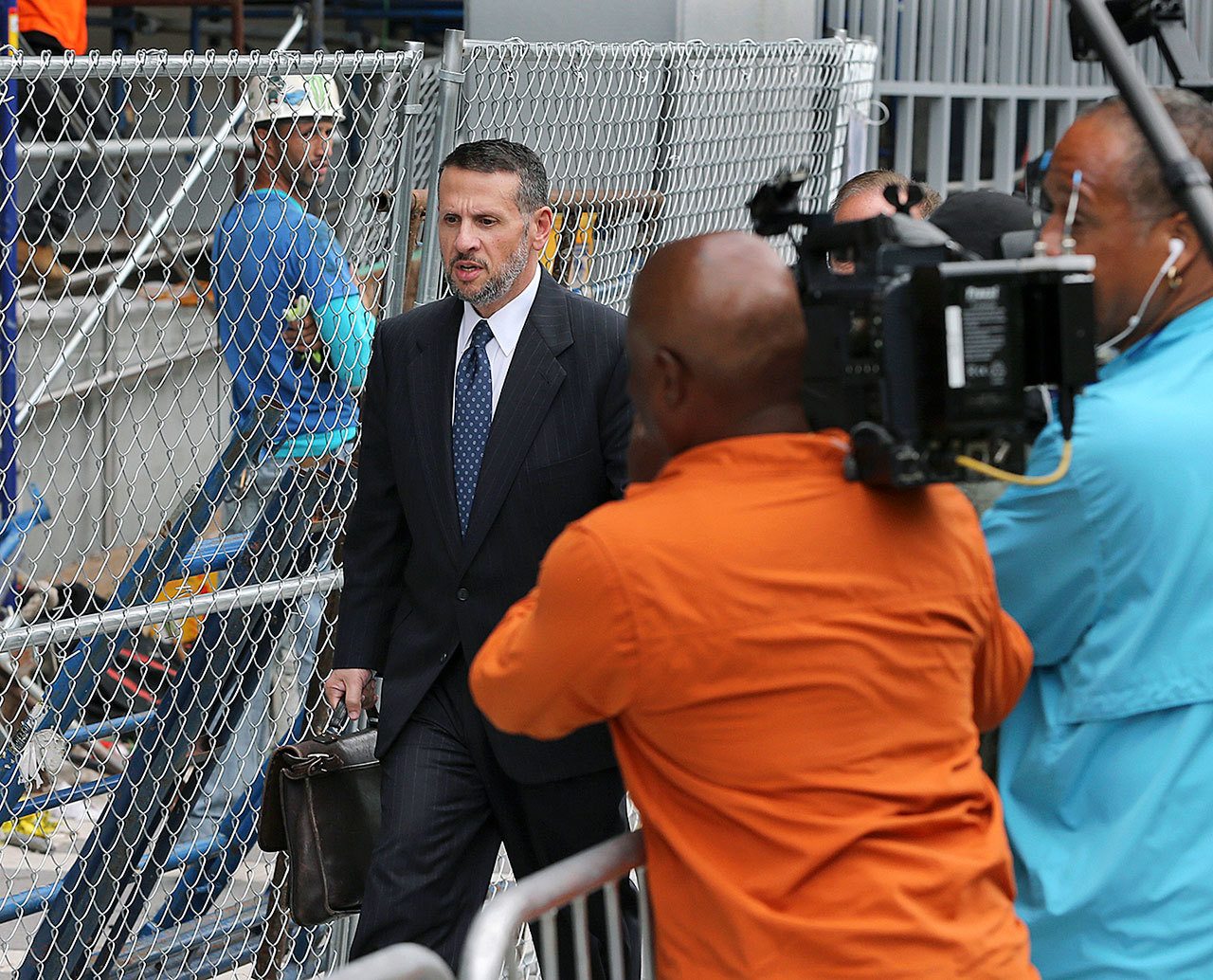 David Wildstein leaves Martin Luther King Jr. Federal Courthouse after a hearing Monday in Newark, New Jersey. Wildstein, pleaded guilty last year to orchestrating traffic jams in 2013 to punish a Democratic mayor who didn’t endorse Christie. Three years after gridlock paralyzed a New Jersey town next to the George Washington Bridge for days, two former allies of Christie, Bill Baroni and Bridget Kelly, are being tried. (AP Photo/Mel Evans)