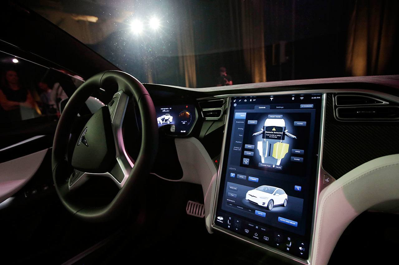 The dashboard of a Tesla Model X car at the company’s headquarters in Fremont, California. (AP Photo/Marcio Jose Sanchez)