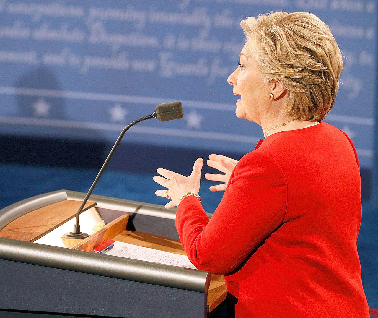 Democratic presidential nominee Hillary Clinton speaks during the presidential debate with Republican presidential nominee Donald Trump at Hofstra University in Hempstead, New York, on Monday. (Rick T. Wilking/Pool via AP)