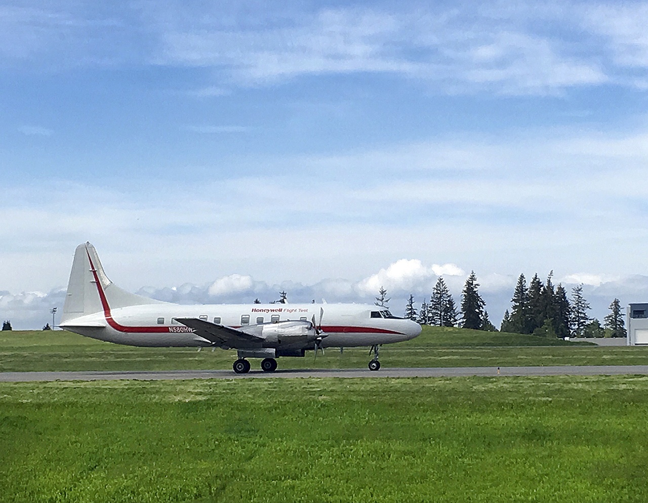 Honeywell’s Convair 580 test plane taxis for takeoff earlier this year at Paine Field. The company’s flight test operation has moved to Phoenix. (Dan Catchpole / The Herald)