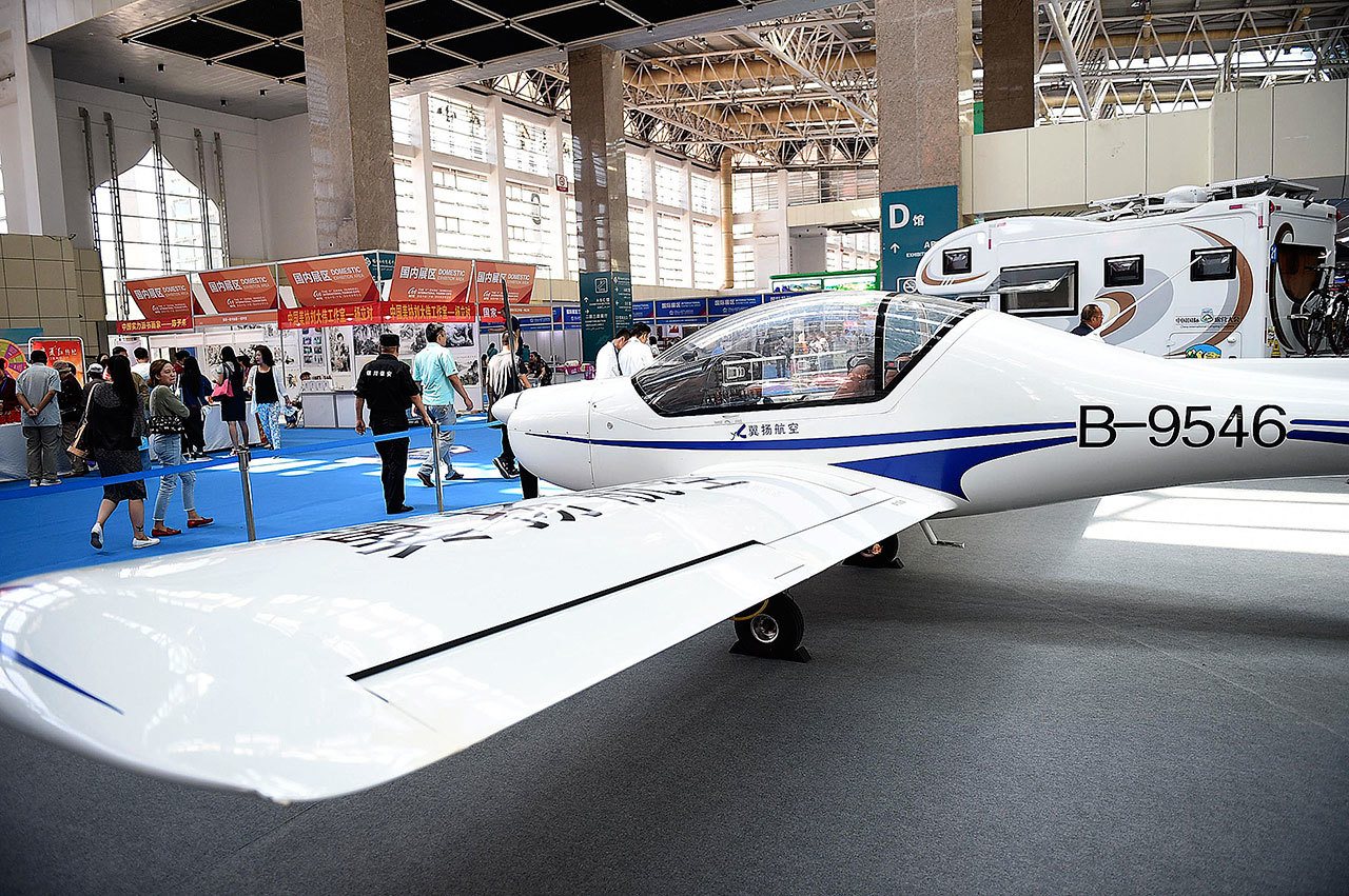 A small plane is displayed during the 1st China International Tourism Expo on Sept. 8, 2016 in Yinchuan, China. (Xinhua)