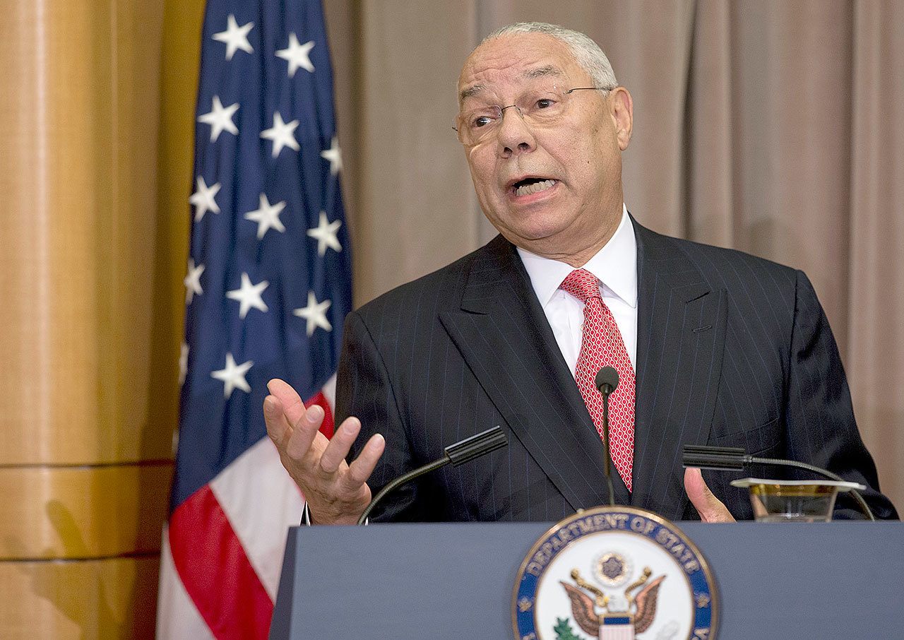 Former Secretary of State Colin Powell speaks at the State Department in Washington in 2014. (AP Photo/Carolyn Kaster)