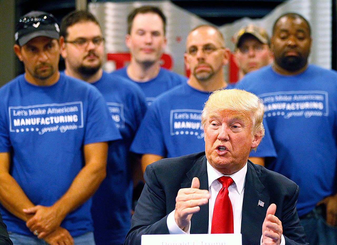 Republican presidential candidate Donald Trump speaks during a campaign stop Wednesday in Dayton, Ohio. (Ty Greenlees /Dayton Daily News via AP, Pool)