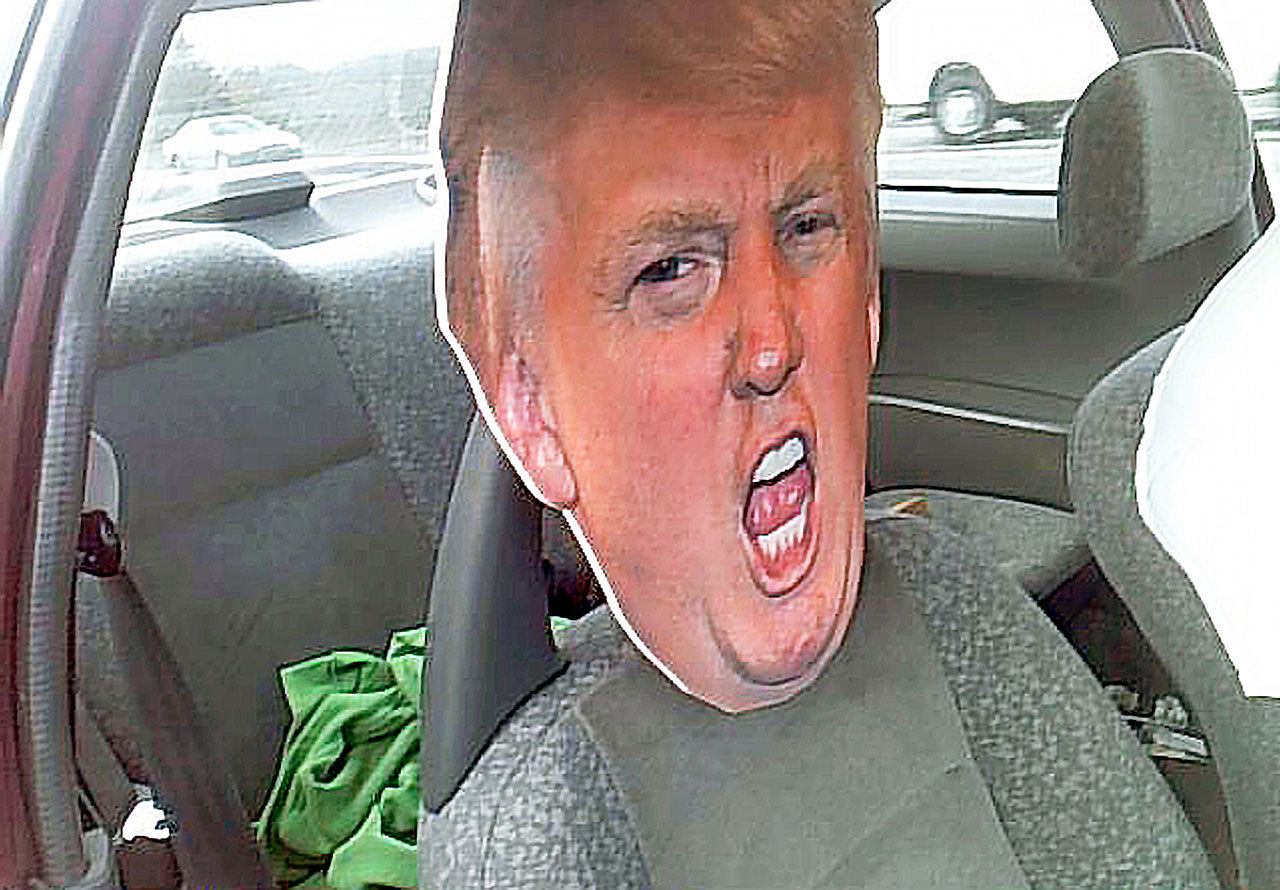 A cardboard cutout of Republican presidential nominee Donald Trump’s head in the passenger seat of a car on Tuesday in Seattle. A trooper stopped the motorist who was driving with the cardboard likeness in a carpool lane south of Seattle on Highway 167. The stunt netted the driver a $136 ticket. (Washington State Patrol via AP)