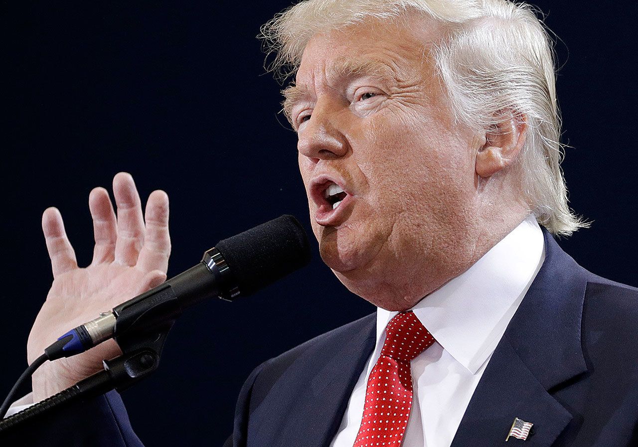 Republican presidential candidate Donald Trump speaks at a rally Tuesday in Melbourne, Florida. While Trump won’t publicly release his income tax returns, the New York businessman has turned them over when it suited his needs, if he stood to make a profit, needed a loan or when a judge forced him. (AP Photo/John Locher)