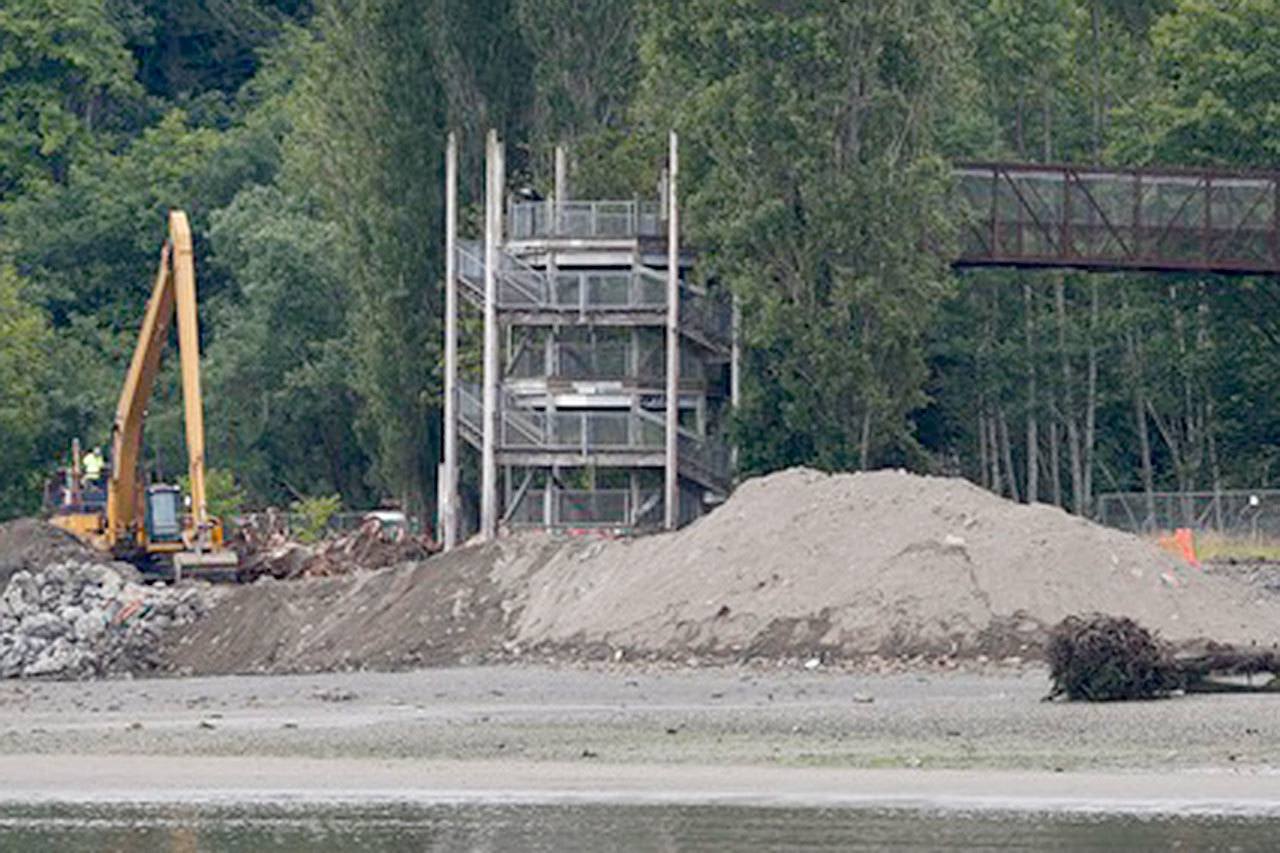 The pedestrian bridge at Howarth Park in Everett is seen as an excavator works June 21. (Ian Terry/The Herald)