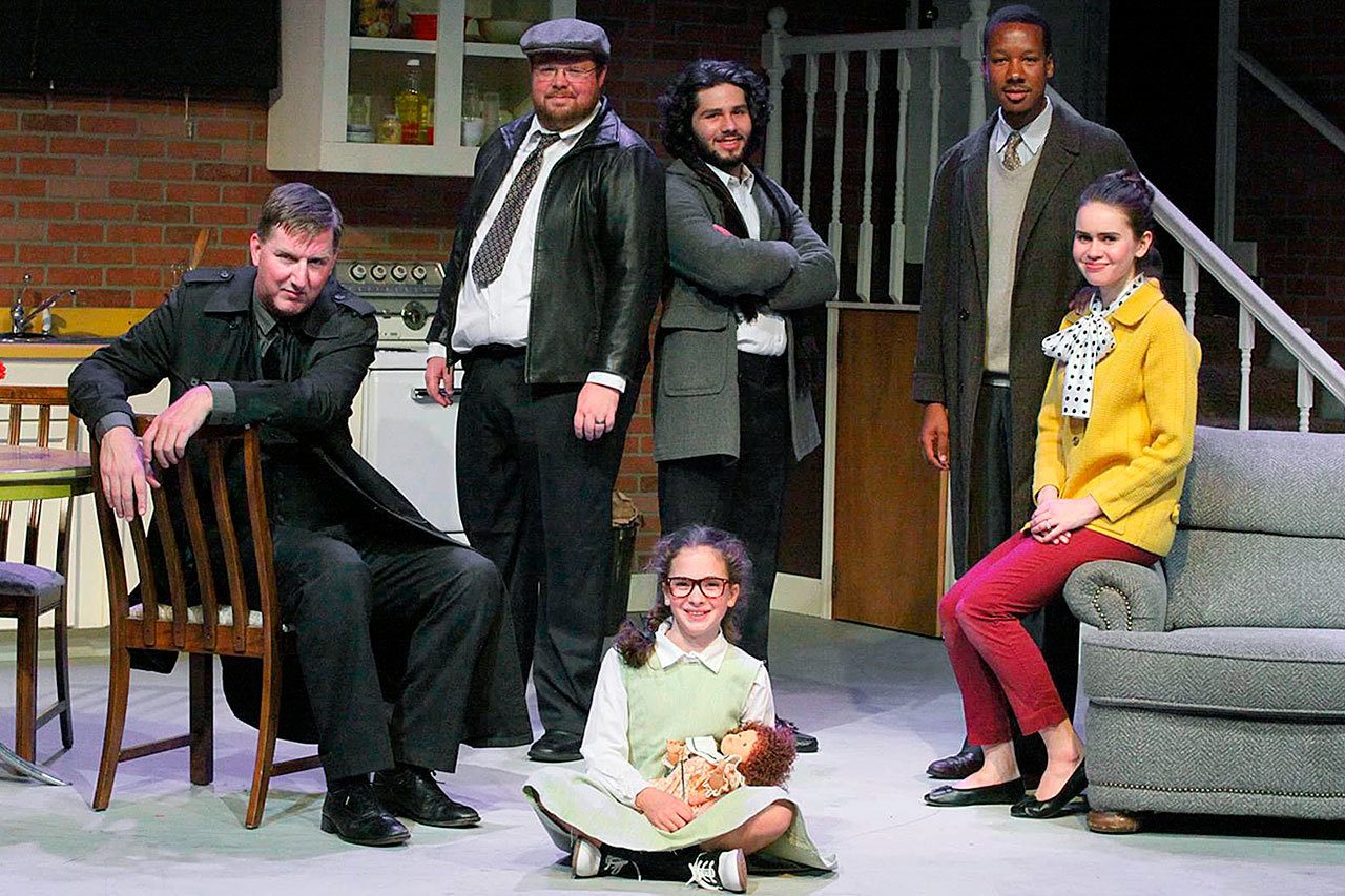 The Edmonds Driftwood Players cast of the thriller “Wait Until Dark” pose after rehearsal at the Wade James Theatre in Edmonds. The play opens tonight and runs through Oct. 2. The cast includes (from left) Thomas A. Glass, Morgan Peeler, Zoe Papadakis (seated), Will Lippman, Jonathan Keyes and Caroline Rensel. (Dale Sutton photo)