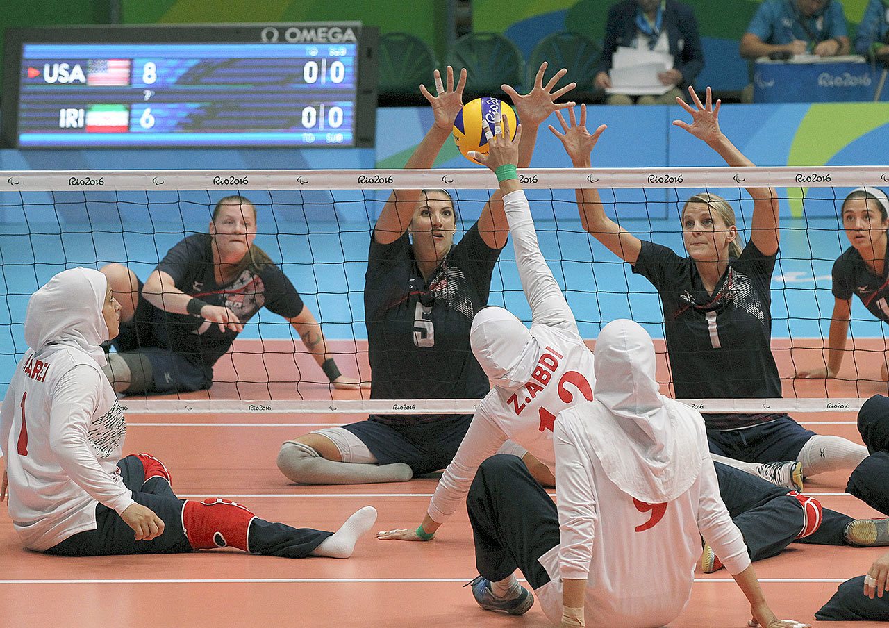 Sitting volleyball player Katie Holloway of the United States (5) competes against Iran in the recent Paralympic Games in Rio de Janeiro, Brazil. (USA Volleyball)