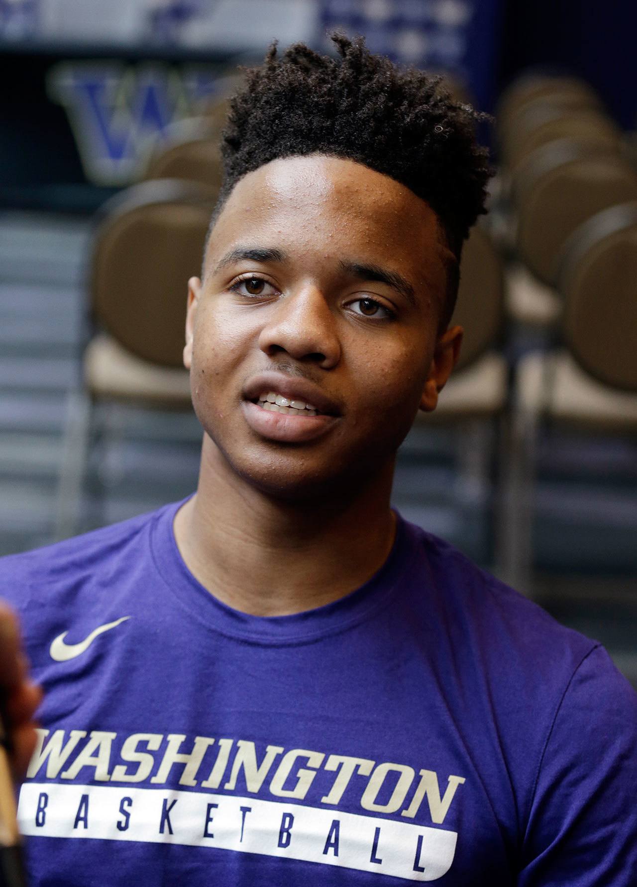 Washington guard Markelle Fultz speaks with media members Wednesday in Seattle. (AP Photo/Elaine Thompson)