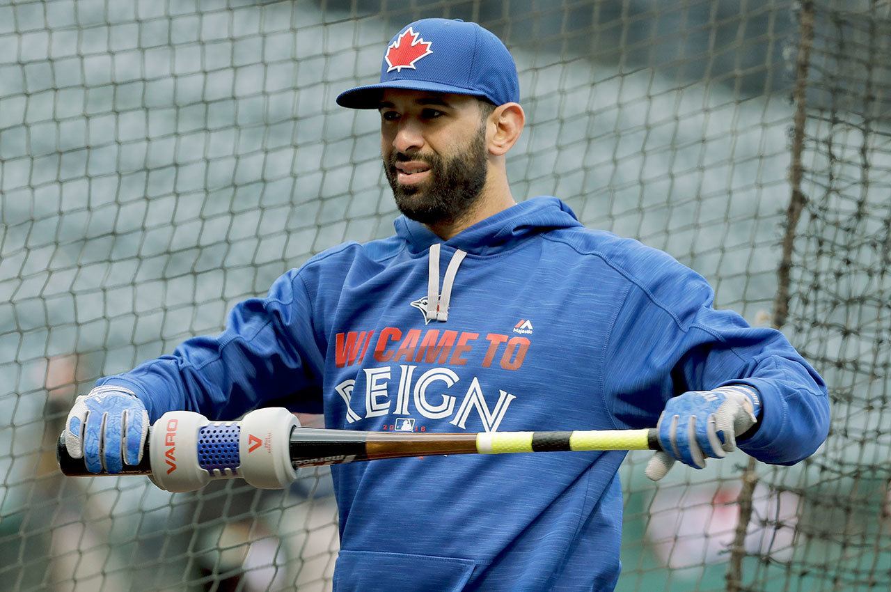 Toronto’s Jose Bautista gets ready for batting practice on Thursday in Cleveland, ahead of Game 1 of the ALCS on Friday. (AP Photo/Matt Slocum)