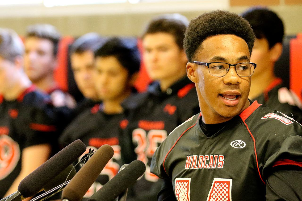 Archbishop Murphy’s Anfernee Gurley speaks to reporters during a press conference Oct. 5 at Archbishop Murphy High School in Everett. (Kevin Clark / The Herald)