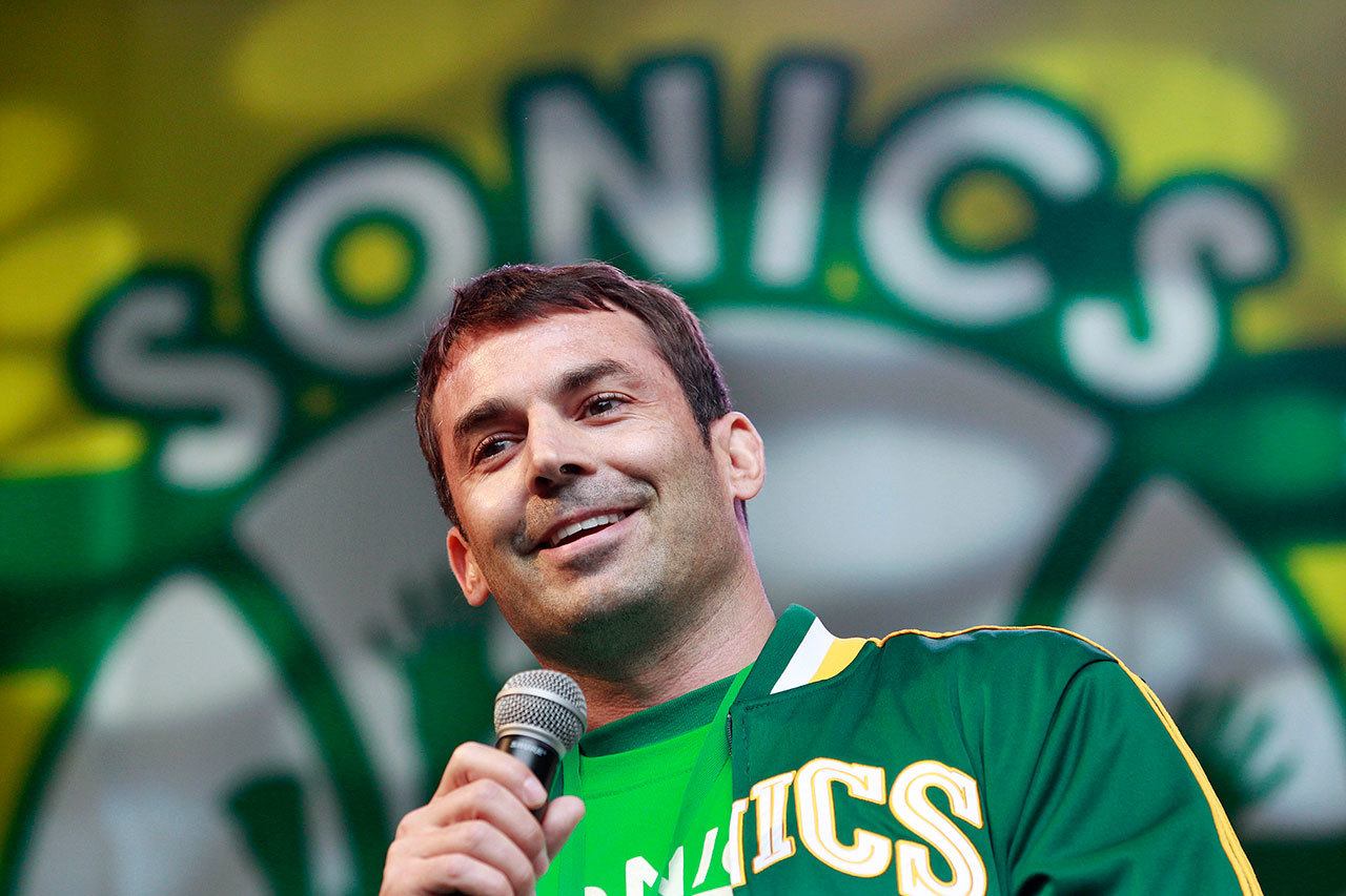 Investor Chris Hansen speaks to supporters of a proposal for a new NBA arena during a rally on June 14, 2012, in Seattle. (AP Photo/Elaine Thompson)