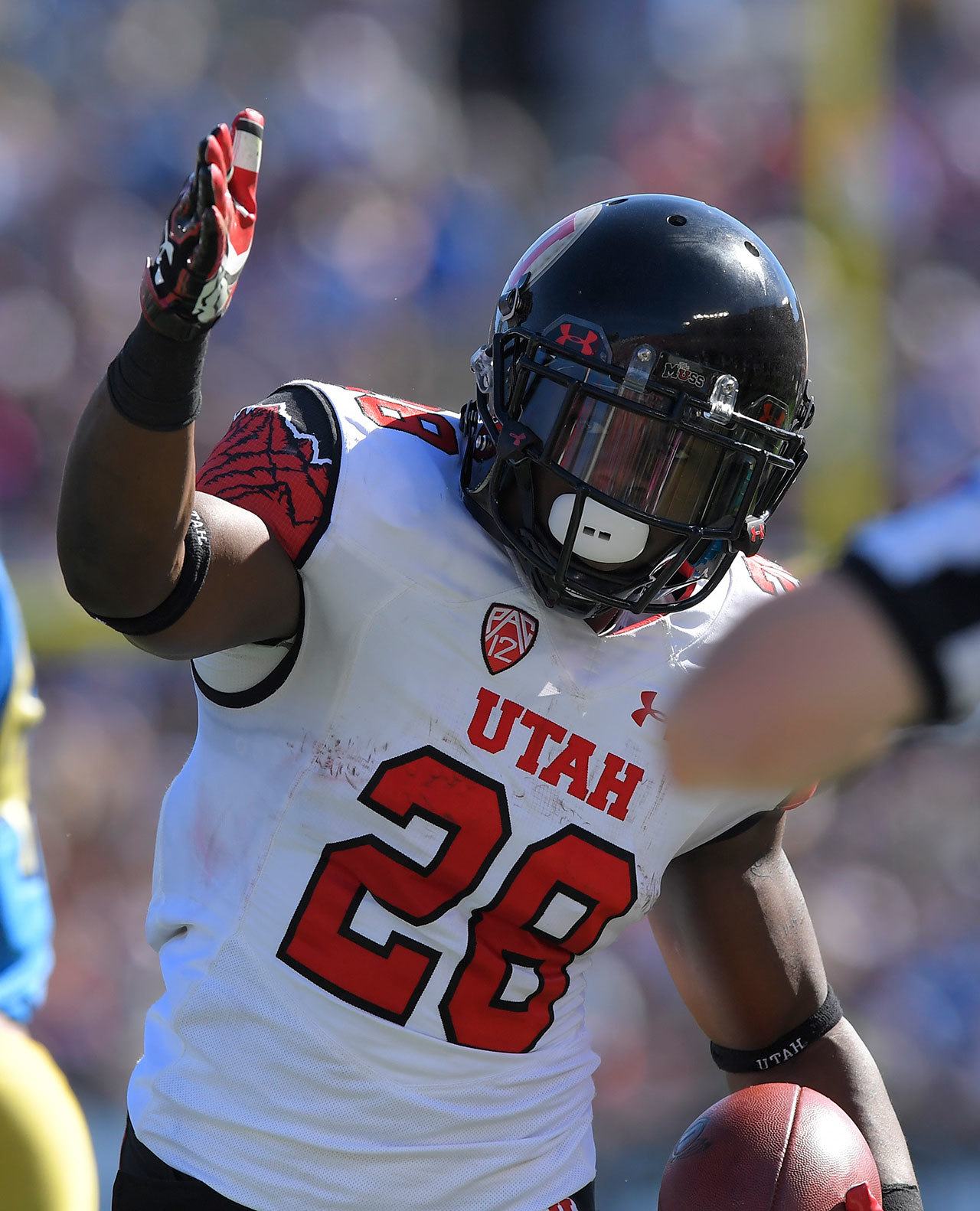 Utah running back Joe Williams celebrates after making a first down during the first half of a game against UCLA this past Saturday in Pasadena, Calif. (AP Photo/Mark J. Terrill)