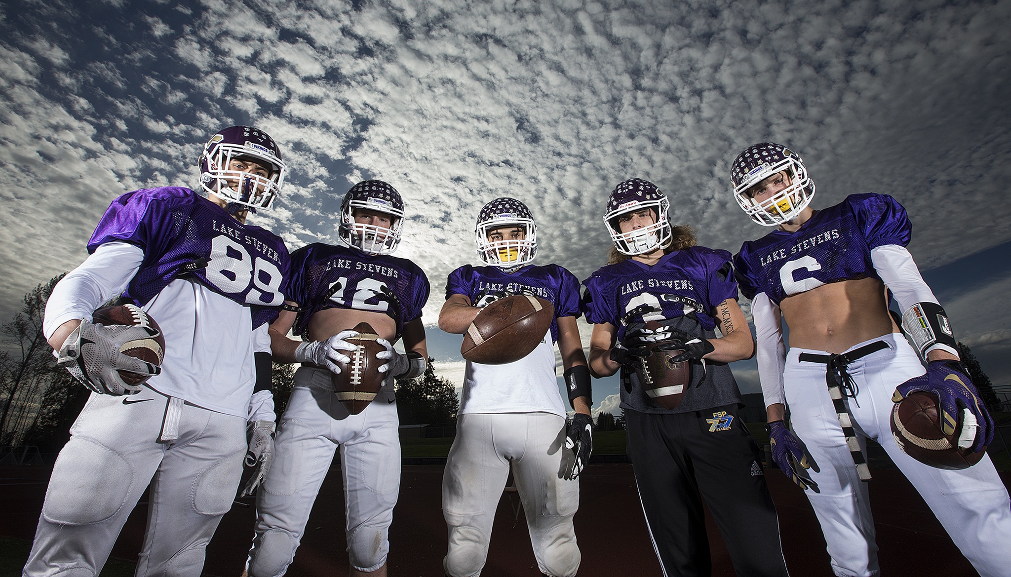 Lake Stevens players (from left) Anthony Hutchinson, Austin Murren, Blake May, Hunter Eckstrom and Jake Rasmussen have been part of a core group of offensive players that have helped lead the Vikings to dominant victories this season. (Ian Terry / The Herald)