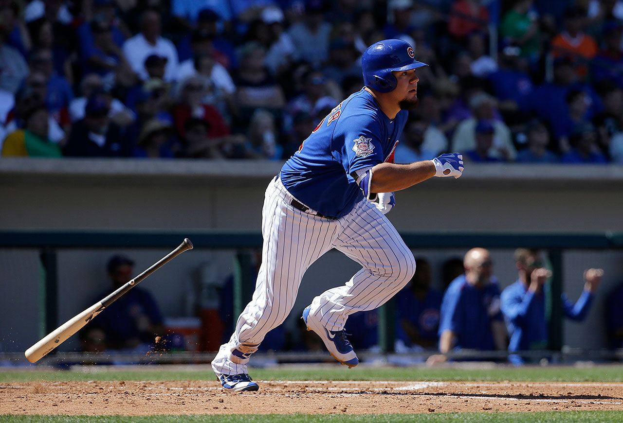 Chicago’s Kyle Schwarber heads to first base during a spring training game against the San Francisco Giants in March. Schwarber has been added to the Cubs’ World Series roster. (AP Photo/Jeff Chiu, File)