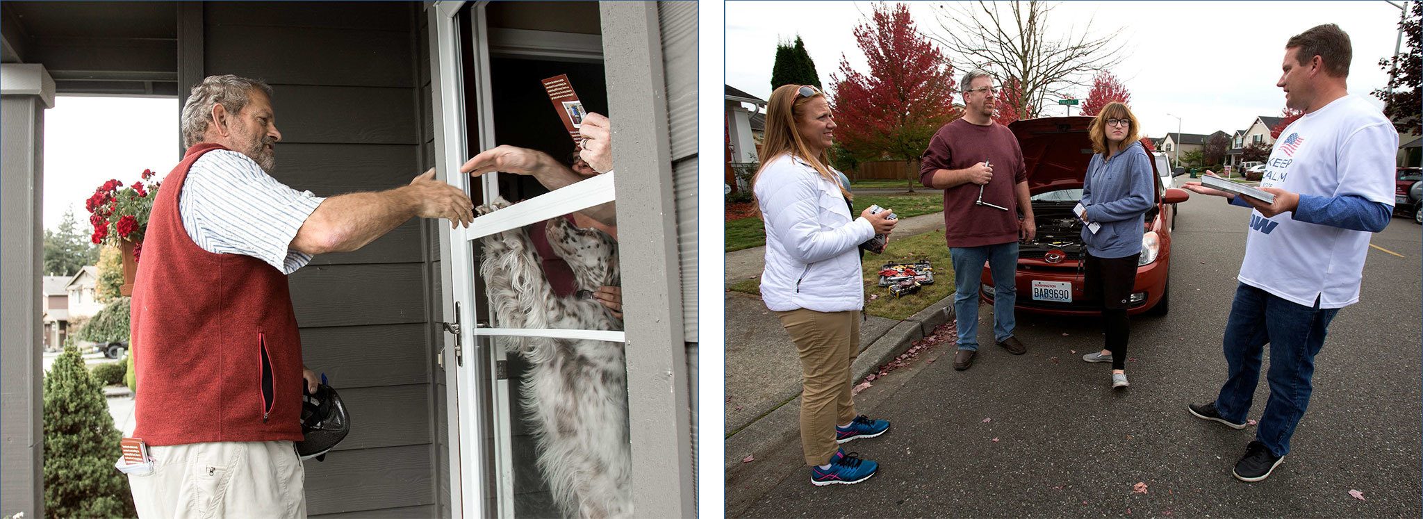 Hans Dunshee (left photo) shakes hands on Oct. 6 with a Lake Stevens resident, whose dog tries to get a pat on the head. Sam Low (at right in right photo) talks with Eric Freeman and his stepdaughter, Lorin Stewart, in Monroe on Oct. 3. At left is Low’s wife, Mariah. Both candidates were door-to-door campaigning for a seat on the Snohomish County Council. (Andy Bronson / The Herald)