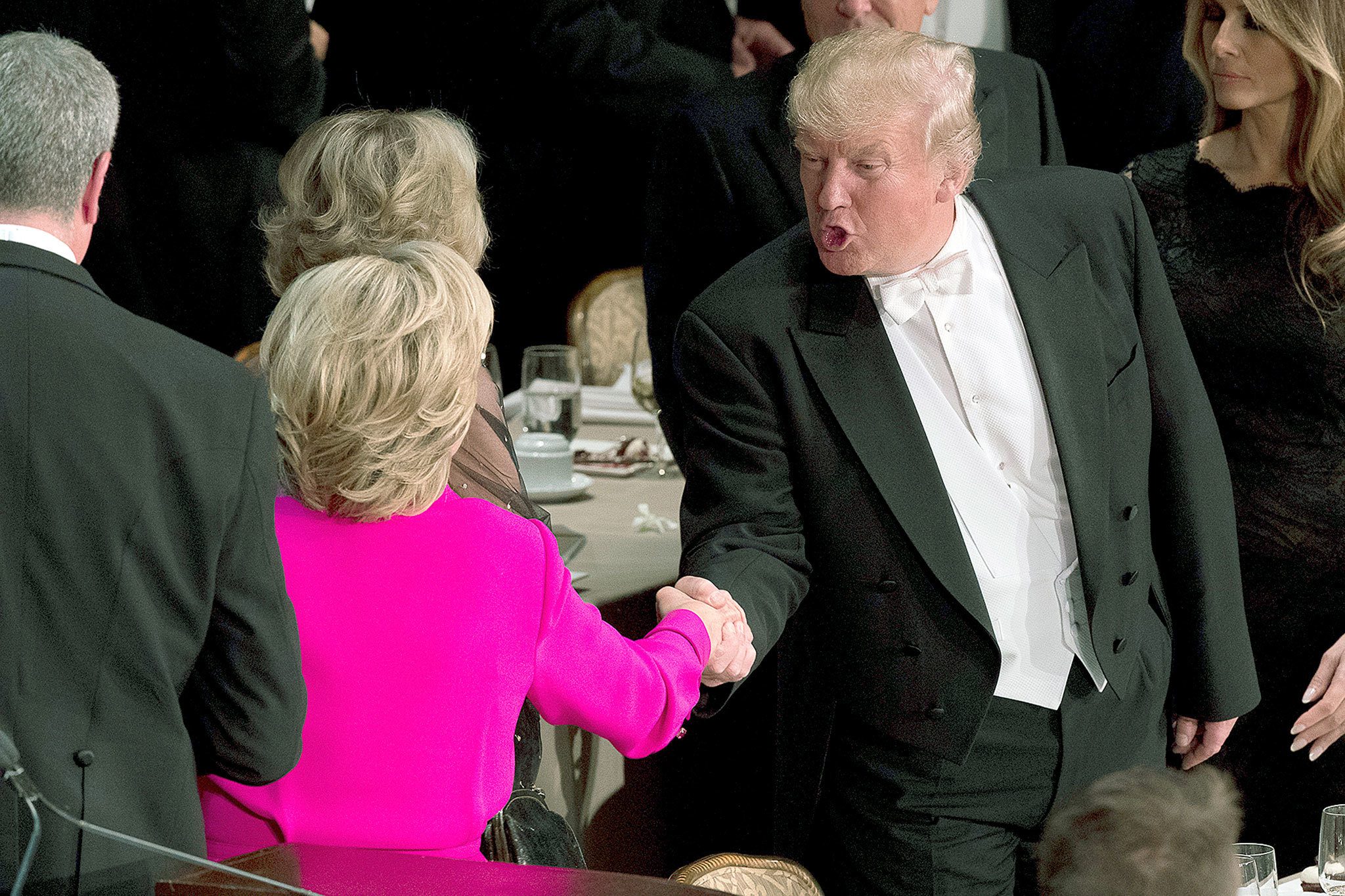 Republican presidential candidate Donald Trump (right) shakes hands with Democratic presidential candidate Hillary Clinton at the conclusion of the 71st annual Alfred E. Smith Memorial Foundation Dinner, a charity gala organized by the Archdiocese of New York, on Thursday at the Waldorf Astoria hotel. (AP Photo/Andrew Harnik)