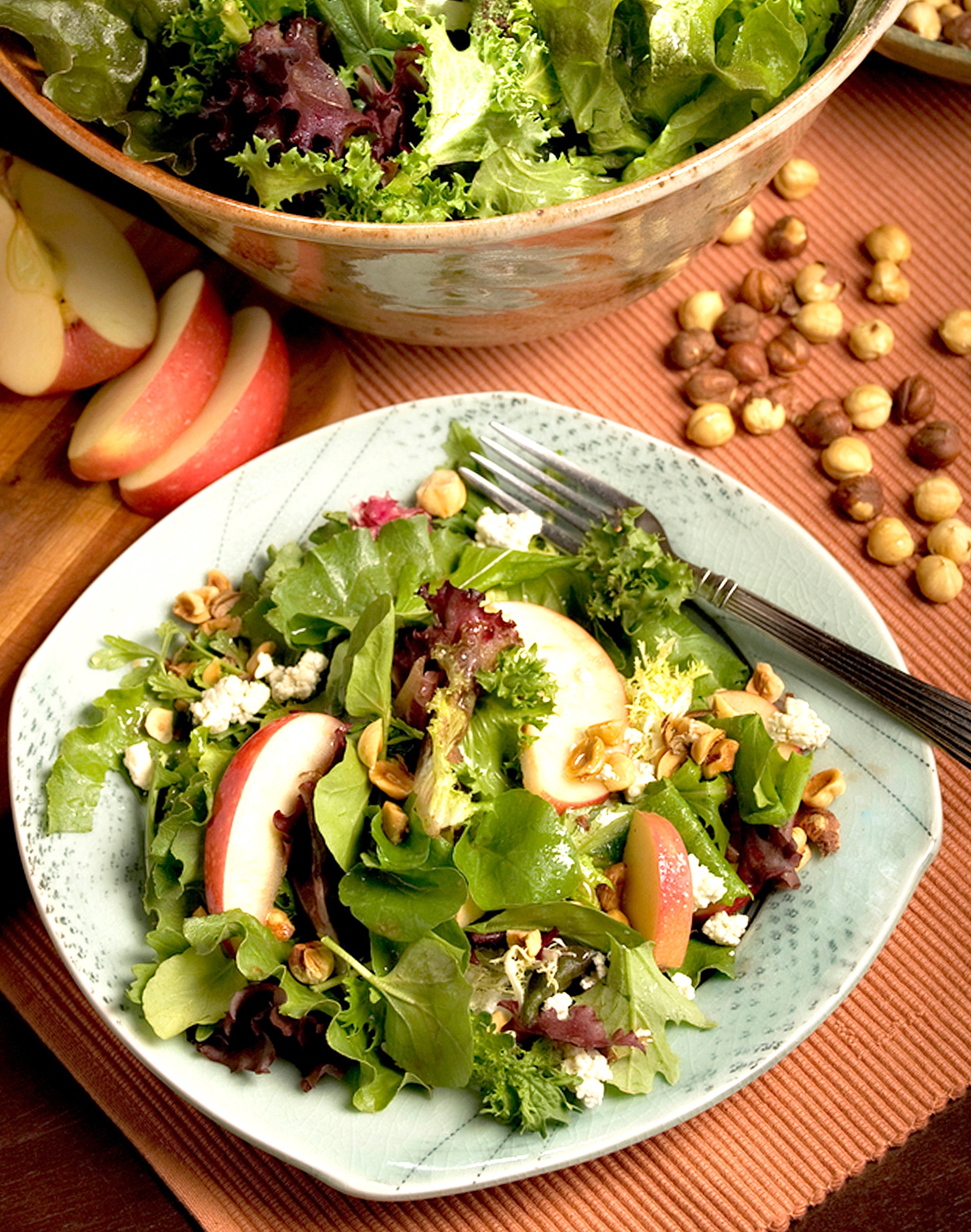 Hazelnut Fuji apple salad, with roasted hazelnuts (filberts), mixed greens, sweet honey mustard and hazelnut oil vinagrette, is good with Dungeness crab. (Karl Maasdam photo)
