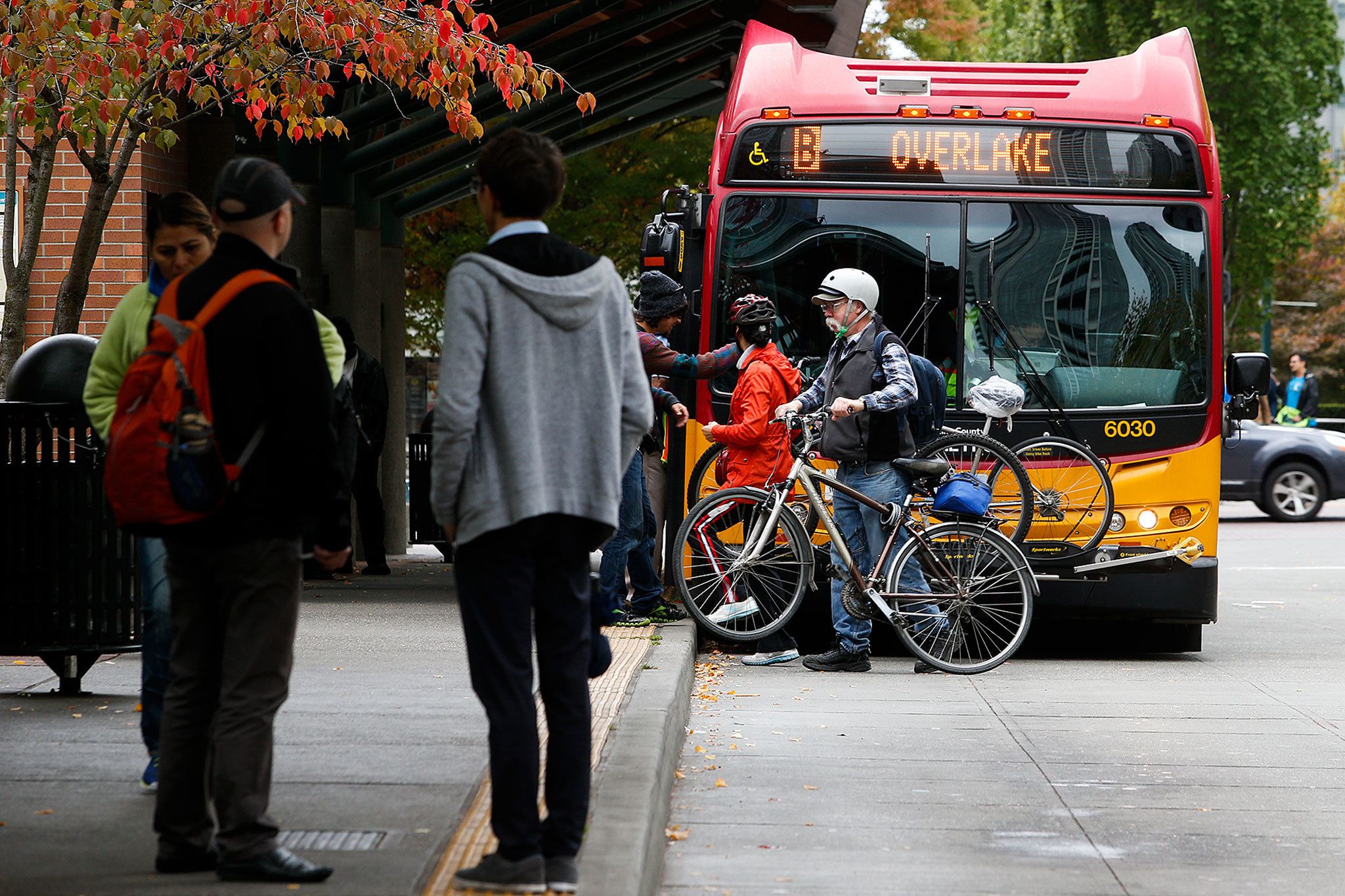 The RapidRide B Line bus at the Bellevue Transit Center. (Ian Terry / The Herald)