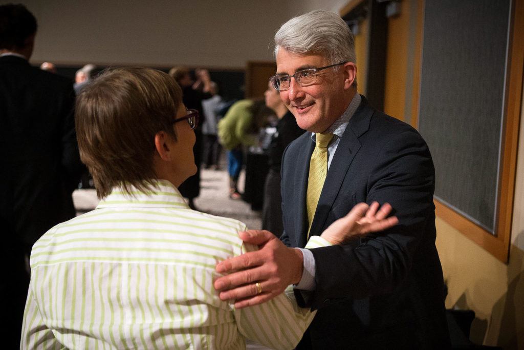 Republican gubernatorial candidate Bill Bryant (right) greets attendants of the “A Night To Celebrate Freedom” event April 22 at the Lynnwood Convention Center. (Ian Terry / The Herald)
