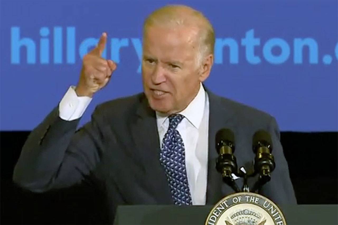 Vice President Joe Biden at a rally for Hillary Clinton in Sarasota, Florida, on Monday, where he excoriated Republican presidential candidate Donald Trump over remarks about combat veterans. (Washington Post video)