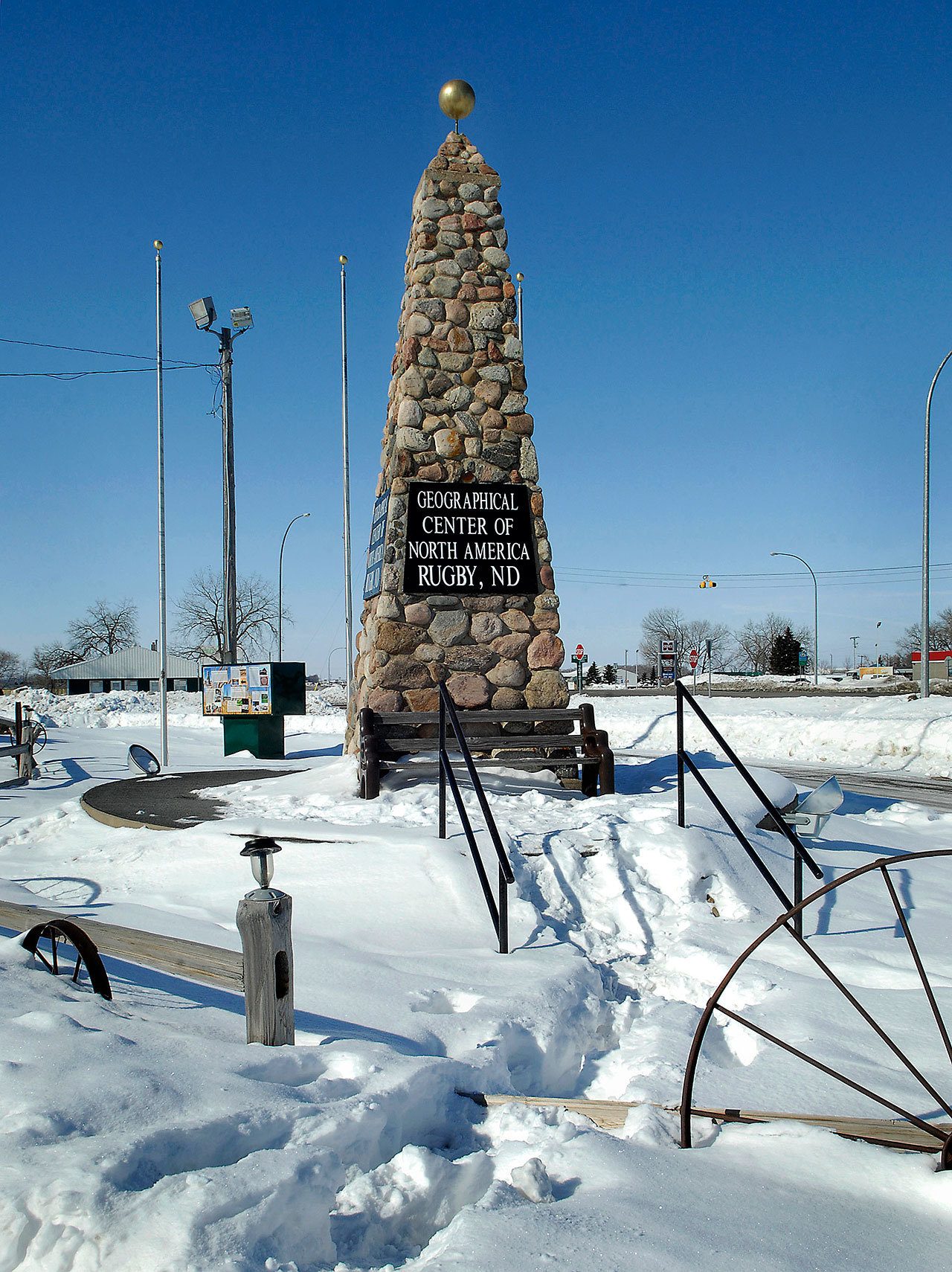Seen in 2010, a twenty one foot tall obelisk marked the spot the town of Rugby, North Dakota, said was the Geographic center of North America. (AP Photo/Will Kincaid, File)